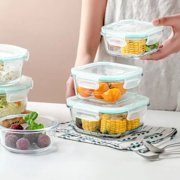 Kf S45e988c66a434dd68648a99c168599aaB High Borosilicate Glass Lunch Bento Box Microwave Heatting Bento Box Snacks Fruit Sealed Insulation Box Square