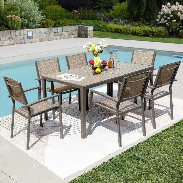 Kf S4dc9a47d54574155b4c23f63690aacc1A 7 Piece Terrace Dining Outdoor Furniture Set With Weatherproof Table And 6 Stackable For Garden