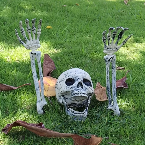 Kf S906a86389693403db13566facc203cb7D Realistic Skeleton Stakes Halloween Realistic Skull Skeleton Head Human Hand Arms For Halloween Party Home Garden